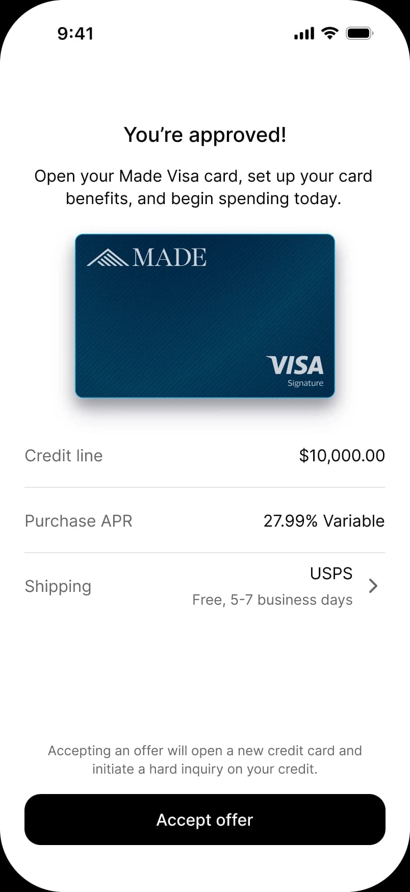 Approval screen with a $10,000 credit line