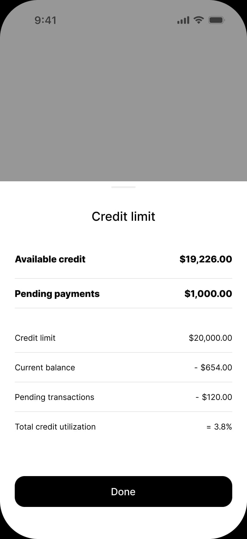 Credit limit screen